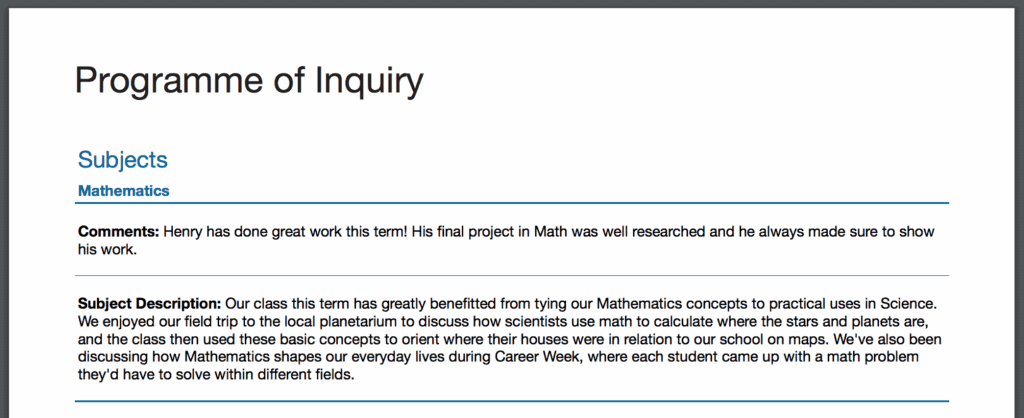 Feature Friday 2 Subject Descriptions report card