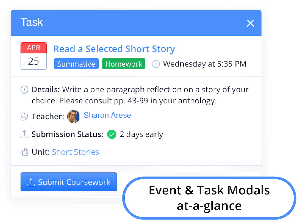 Event & Task Modals show details at-a-glance with coursework submission status.